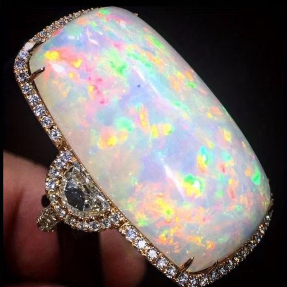 🆕 Gold Plated Elliptical Fire Opal Ring, White Opal Stone CZ Sizes 6, 7, 8, or 9